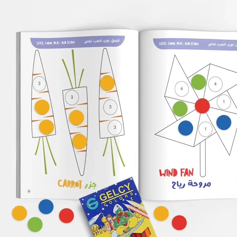 Sticker and coloring activity book for kids with fruits, sweets, numbers, and color matching