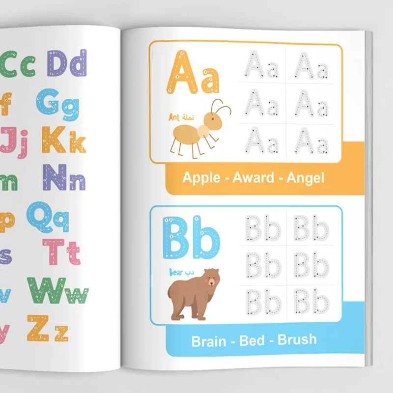 English alphabet activity book with animal drawings and tracing lines for kids