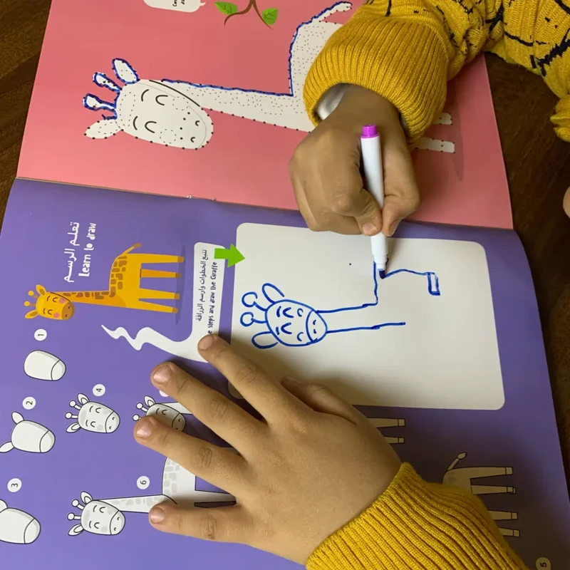 Meet the giraffe Dora – reusable activity book with stickers and pen for kids