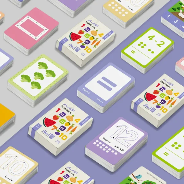Flashcards for learning numbers, fruits, and shapes in Arabic and English