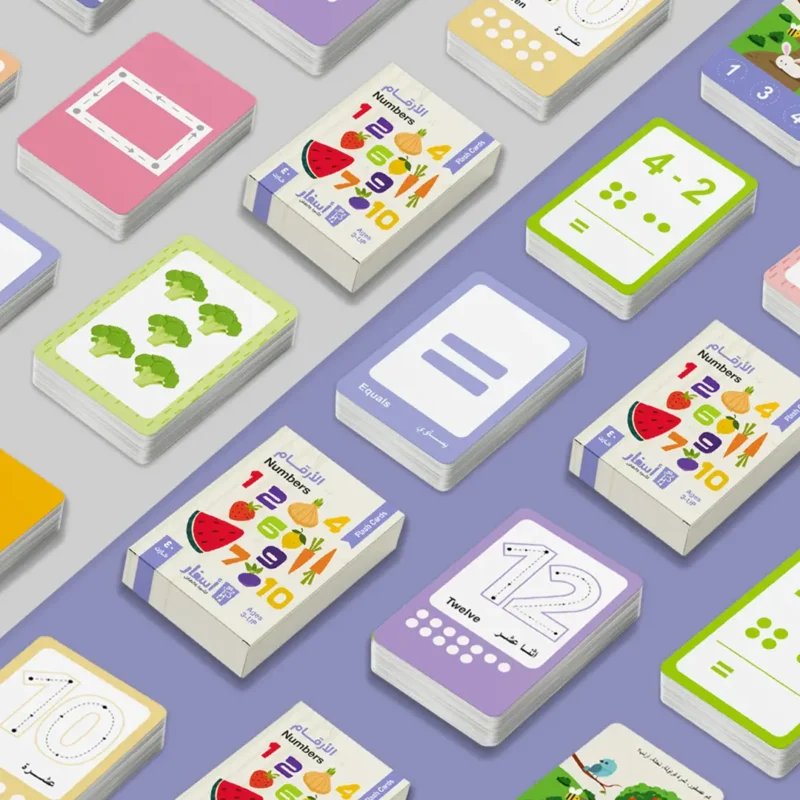 Flashcards for learning numbers, fruits, and shapes in Arabic and English